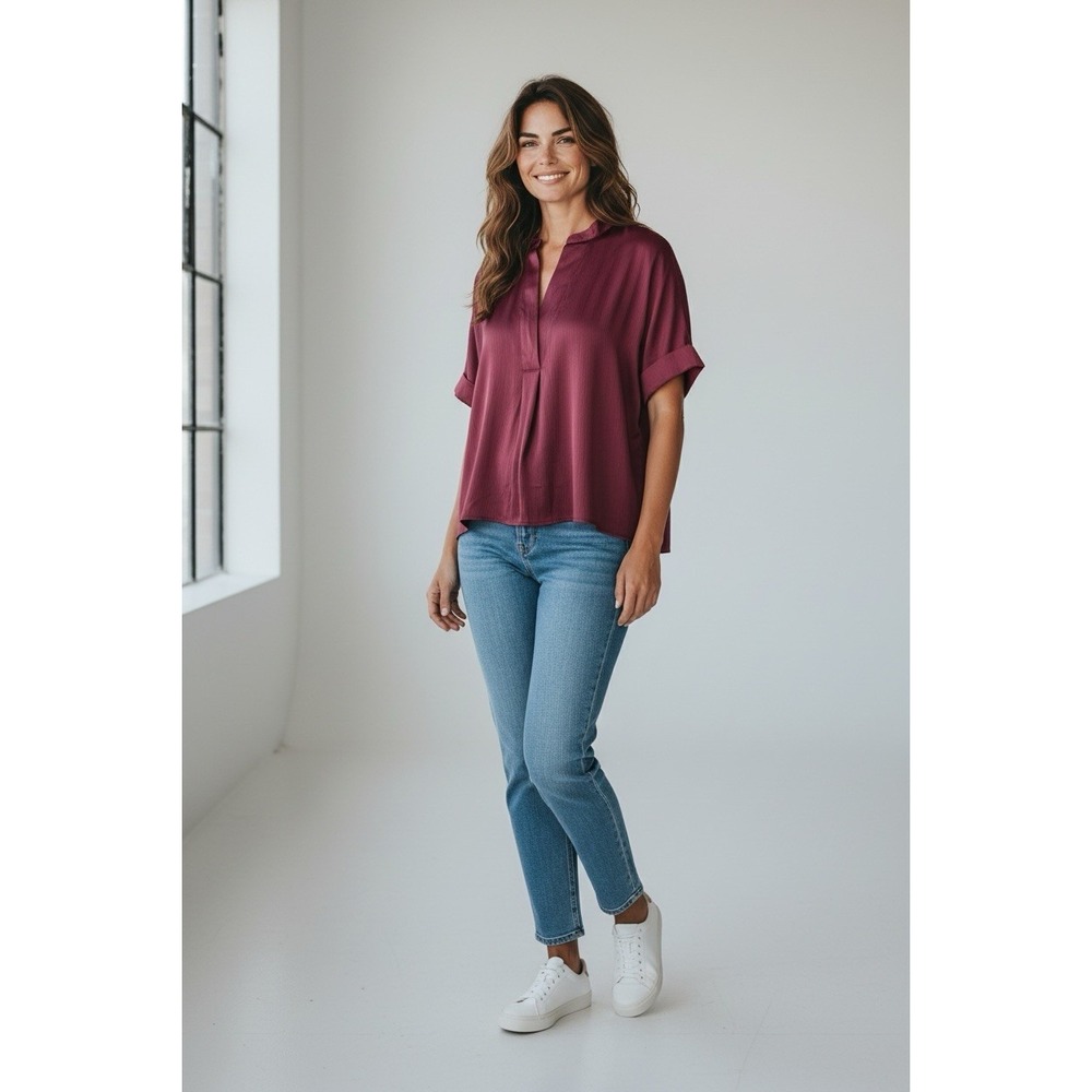 Glam Women's Small Burgundy Satin Blouse Oversized Hi Low Short Sleeve NWT